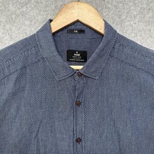 Mavi Men's XL Linen Cotton Blend‎ Short Sleeve Shirt Navy Blue Micro Houndstooth